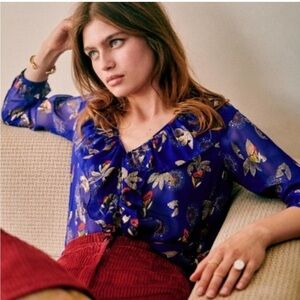 Sezane Floral Blue Sheer Women's Top